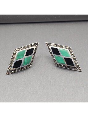 Sterling Silver Malachite Onyx Inlay Earrings Marcasite Border Artisan Signed A